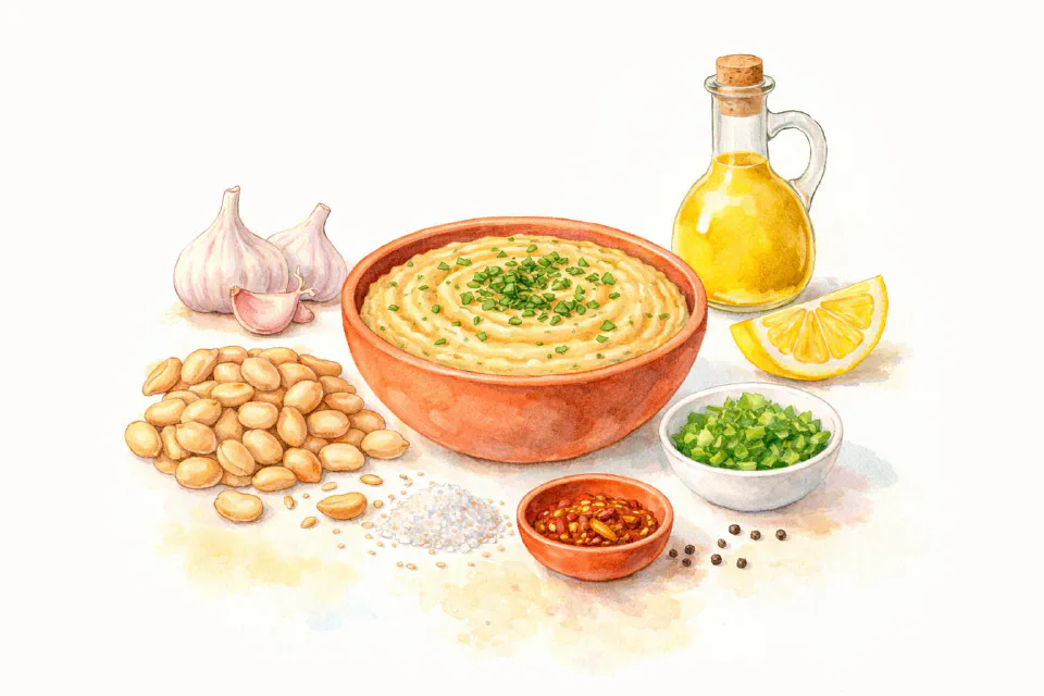 Watercolour illustration of Bigilla in a terracotta bowl with broad beans, garlic, olive oil and lemon.