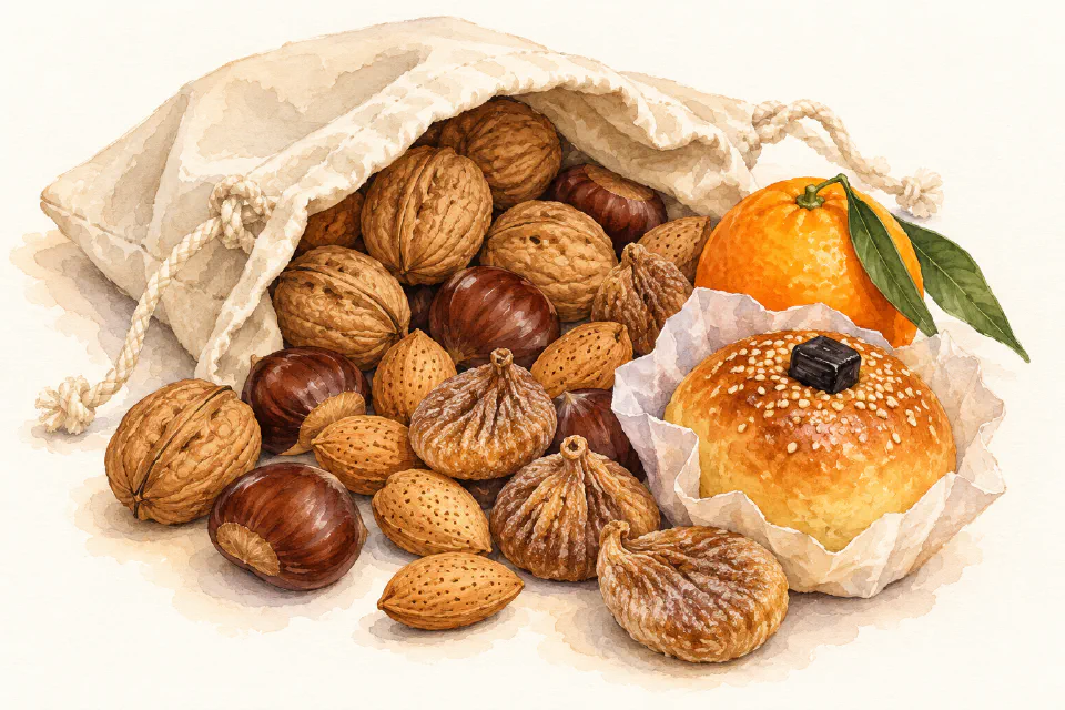 Watercolour illustration of a cloth St Martin’s bag with nuts, dried figs, an orange and a sweet bun.
