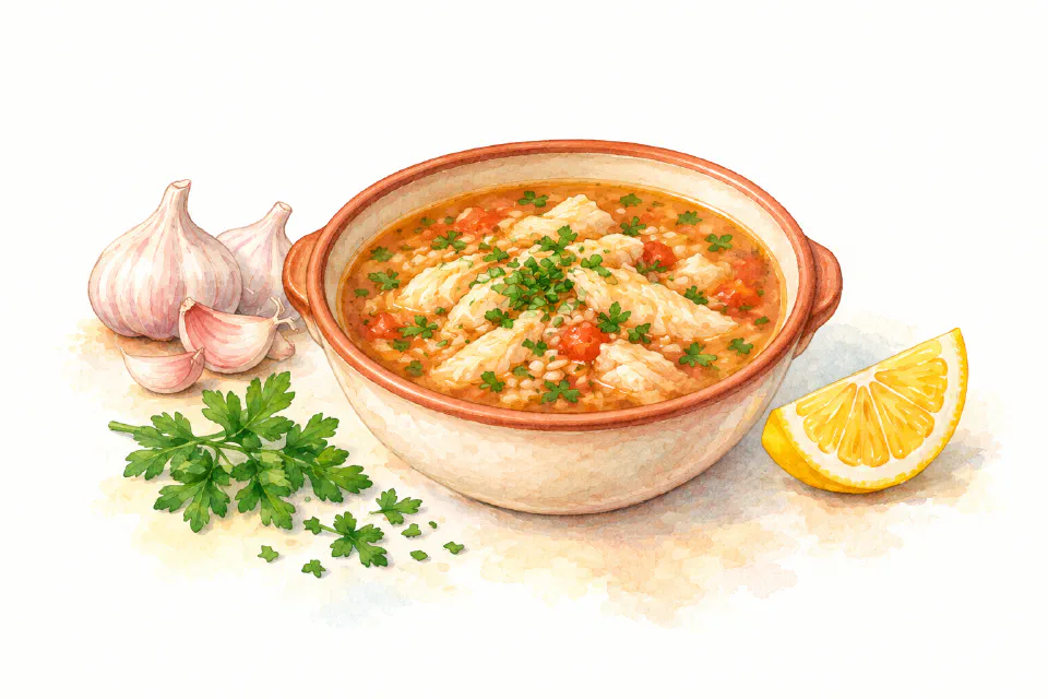 Watercolour illustration of garlicky Maltese fish soup with rice, parsley and lemon.
