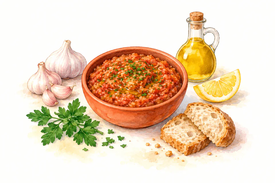Watercolour illustration of red Maltese garlic and tomato dip with parsley and lemon.
