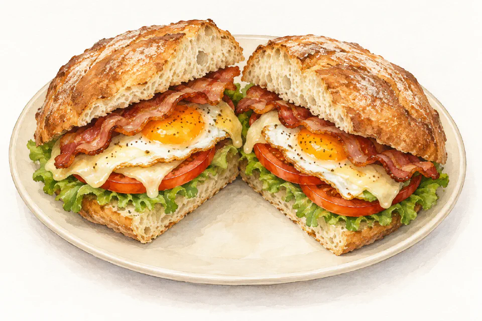 Watercolour illustration of a bacon and egg ftira with fried egg, cheese, tomato and lettuce.
