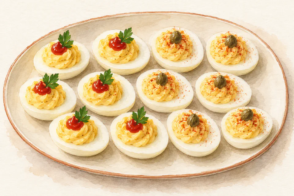 Watercolour illustration of Maltese party-style stuffed eggs with paprika, ketchup, parsley and capers.