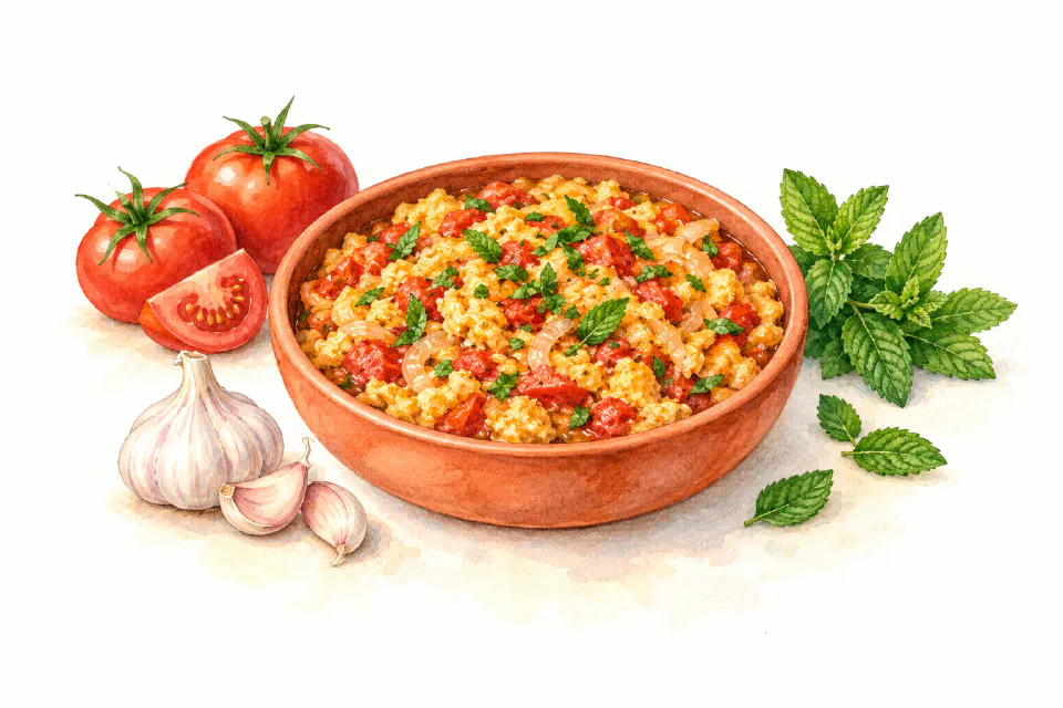 Watercolour illustration of soft scrambled eggs with tomatoes and fresh mint.
