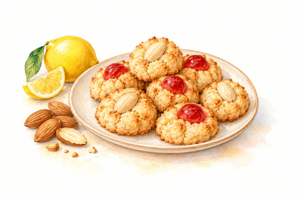 Watercolour illustration of Maltese almond macaroons topped with almonds and cherries.
