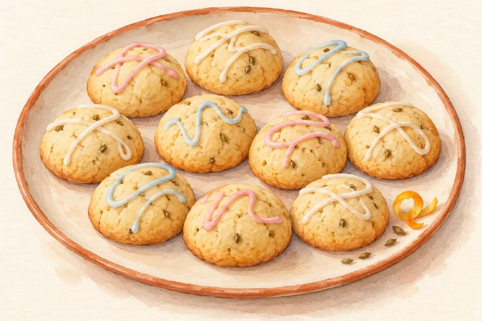 Watercolour illustration of Maltese village biscuits decorated with fine pastel pink, blue and white icing.
