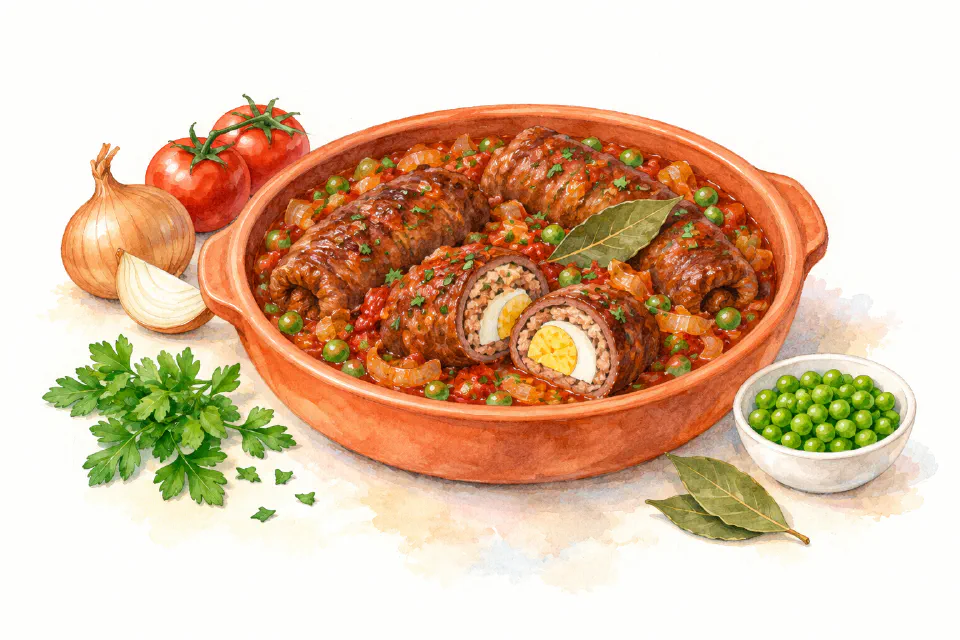 Watercolour illustration of stuffed beef rolls in tomato sauce with peas and an egg-filled cut slice.