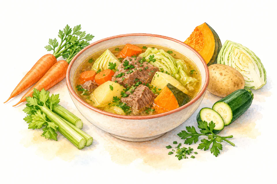 Watercolour illustration of clear beef broth with potatoes, carrots, cabbage and zucchini.