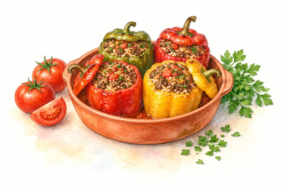 Watercolour illustration of baked bell peppers stuffed with beef, rice and tomato.
