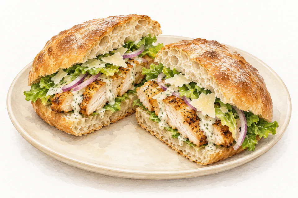 Watercolour illustration of a chicken Caesar ftira with sliced chicken, lettuce, cheese and creamy dressing.