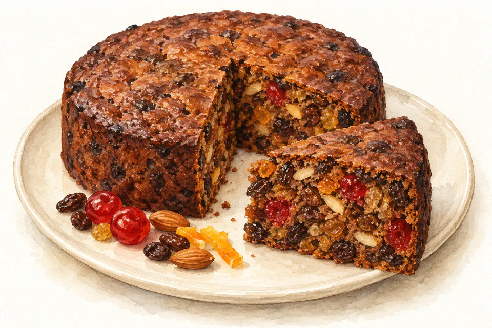 Watercolour illustration of a plain round Christmas fruit cake with a cut slice showing dried fruit, cherries, peel and almonds.