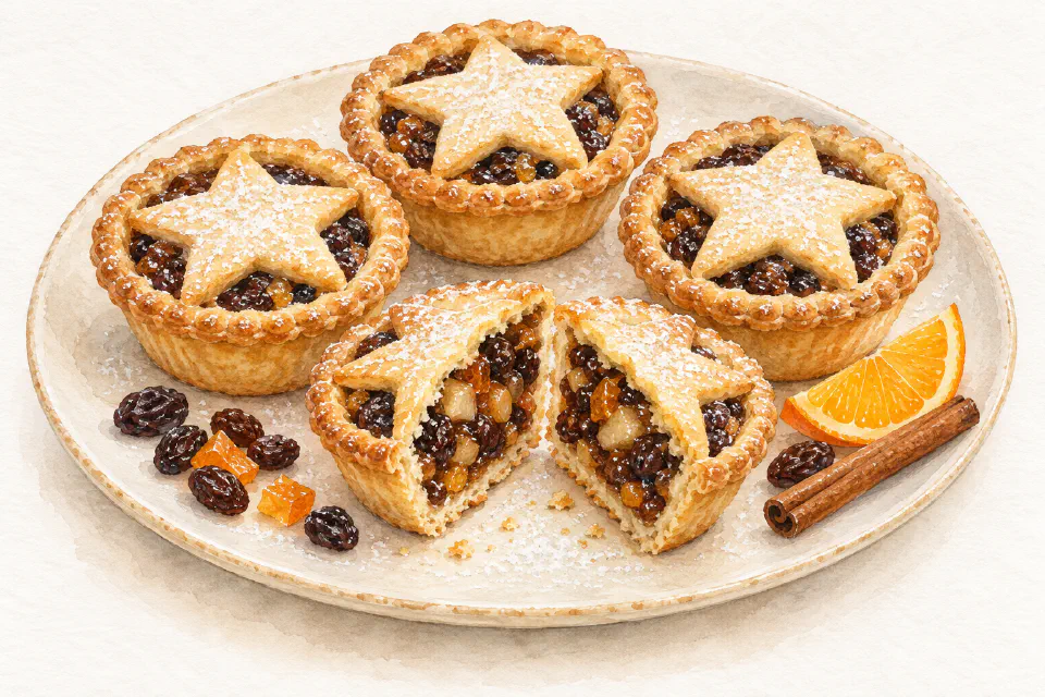 Watercolour illustration of golden star-topped mince pies with a cut pie showing dark dried-fruit filling.