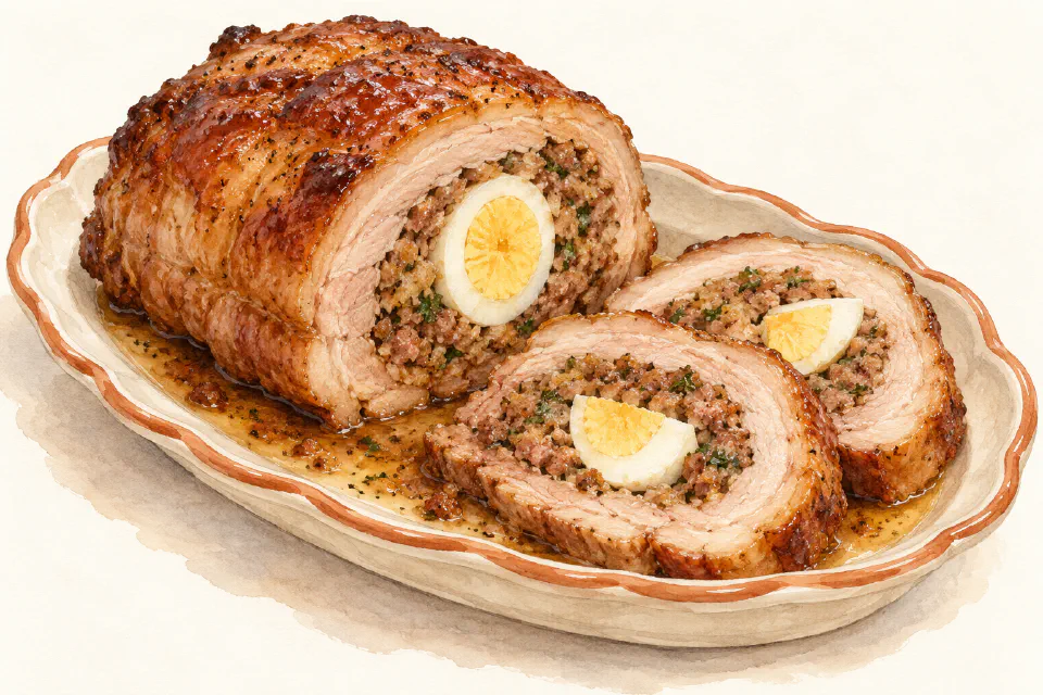 Watercolour illustration of Maltese stuffed pork flank sliced to show sausage, parsley and hard-boiled egg filling.