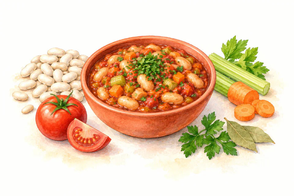 Watercolour illustration of white bean stew with tomatoes, carrots and celery.