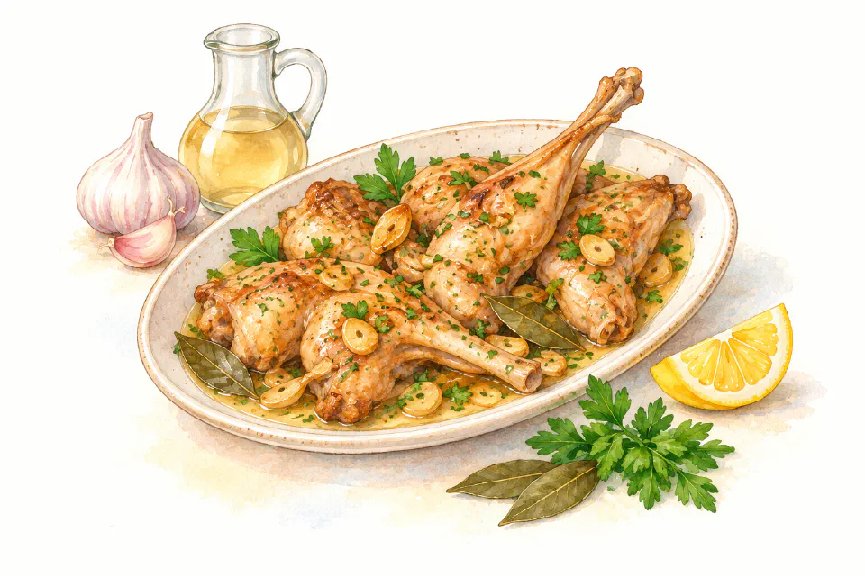 Watercolour illustration of golden fried rabbit pieces with garlic, parsley and lemon.