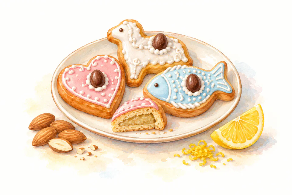 Watercolour illustration of decorated Maltese Easter almond pastries topped with chocolate eggs.