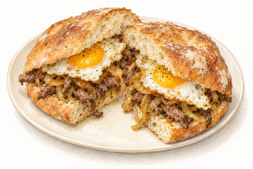 Watercolour illustration of a steak and egg ftira filled with browned beef, fried egg and caramelised onions.