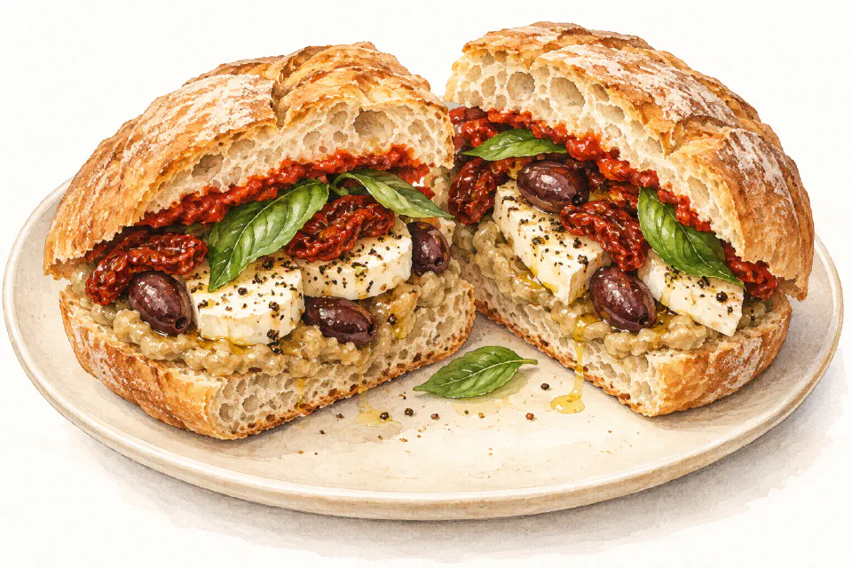 Watercolour illustration of a ftira sandwich filled with bigilla, peppered cheese, olives and sundried tomatoes.