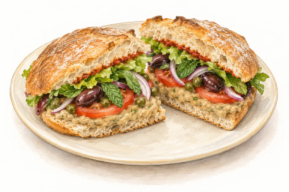 Watercolour illustration of a vegan ftira sandwich filled with bigilla, tomato, olives, capers and lettuce.