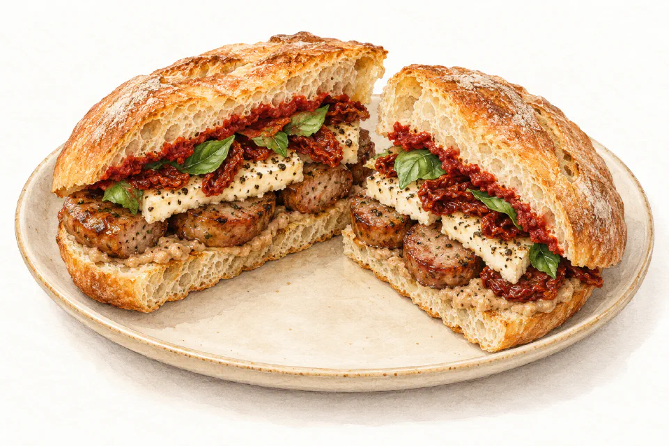 Watercolour illustration of a crusty ftira sandwich filled with Maltese sausage, peppered cheese, bigilla and sundried tomatoes.