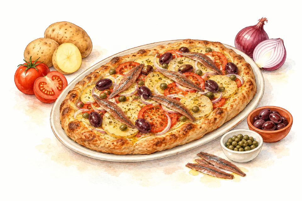 Watercolour illustration of Gozitan flatbread topped with potatoes, tomatoes, olives and anchovies.