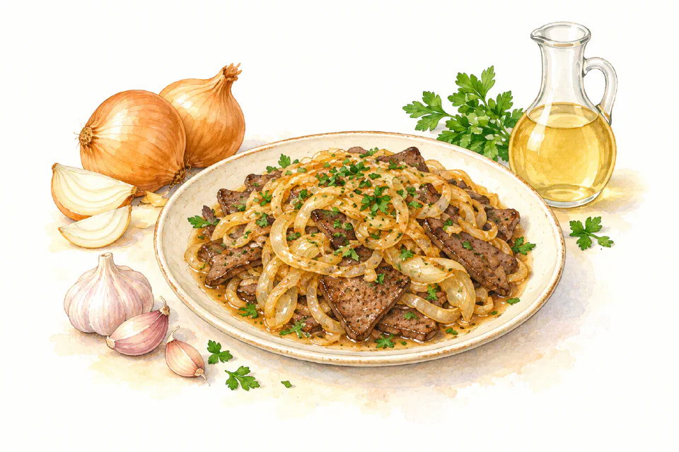 Watercolour illustration of cooked liver slices with golden onions and parsley.