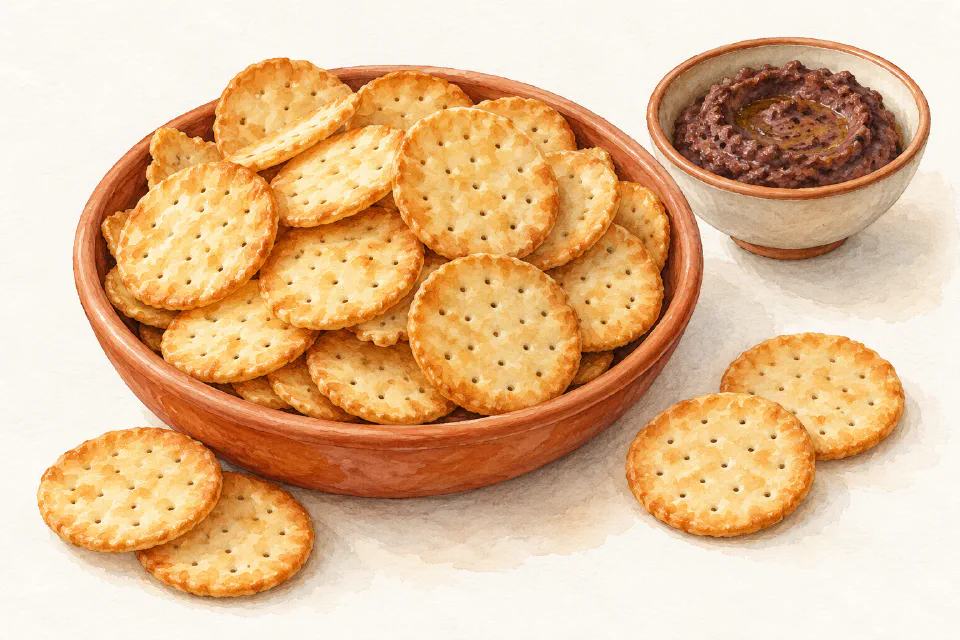 Watercolour illustration of thin round Maltese galletti crackers with a small bowl of bigilla.