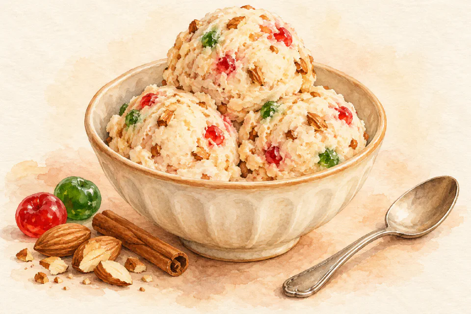 Watercolour illustration of Maltese cinnamon ice cream with almond pieces and red and green glacé cherry flecks in a cream bowl.