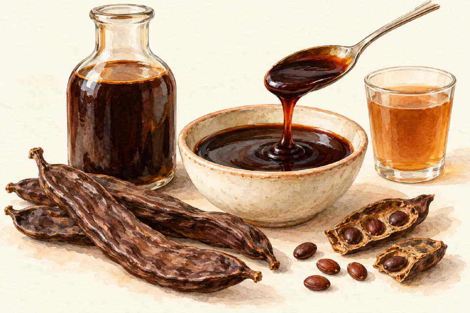 Watercolour illustration of dark Maltese carob syrup in a glass bottle with carob pods and a diluted drink.
