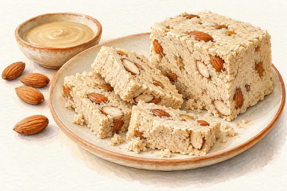Watercolour illustration of crumbly Maltese sesame ħelwa tat-Tork with whole toasted almonds.