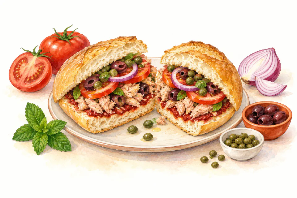 Watercolour illustration of crusty Maltese sandwiches filled with tuna, tomato, onion and capers.