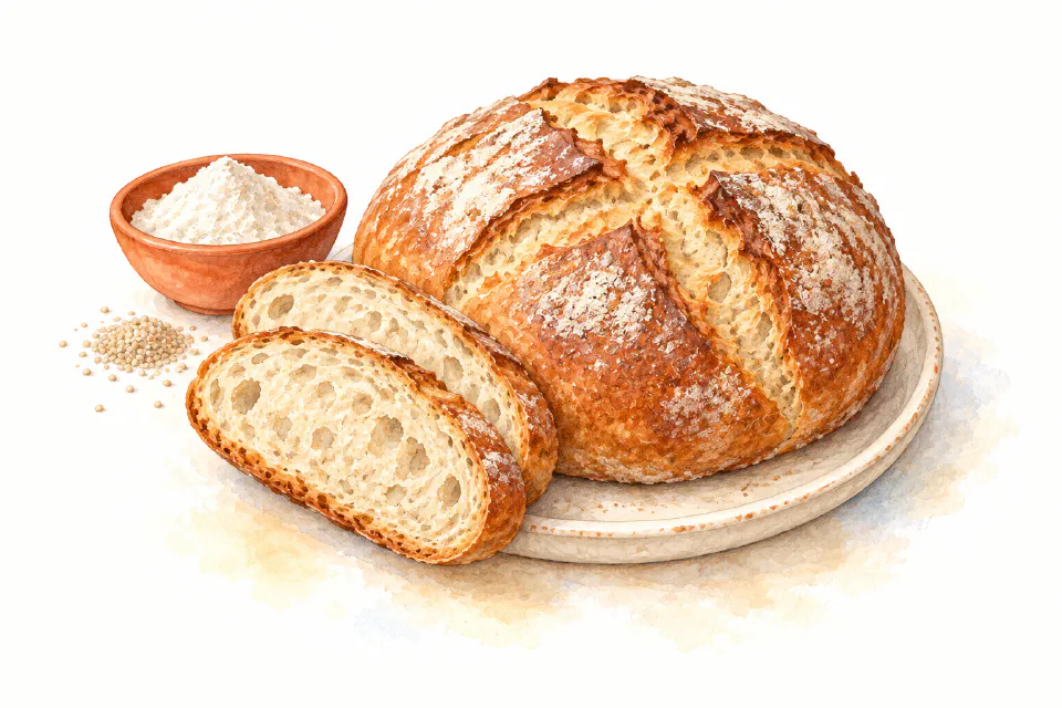 Watercolour illustration of a crusty round Maltese loaf with slices showing its airy crumb.