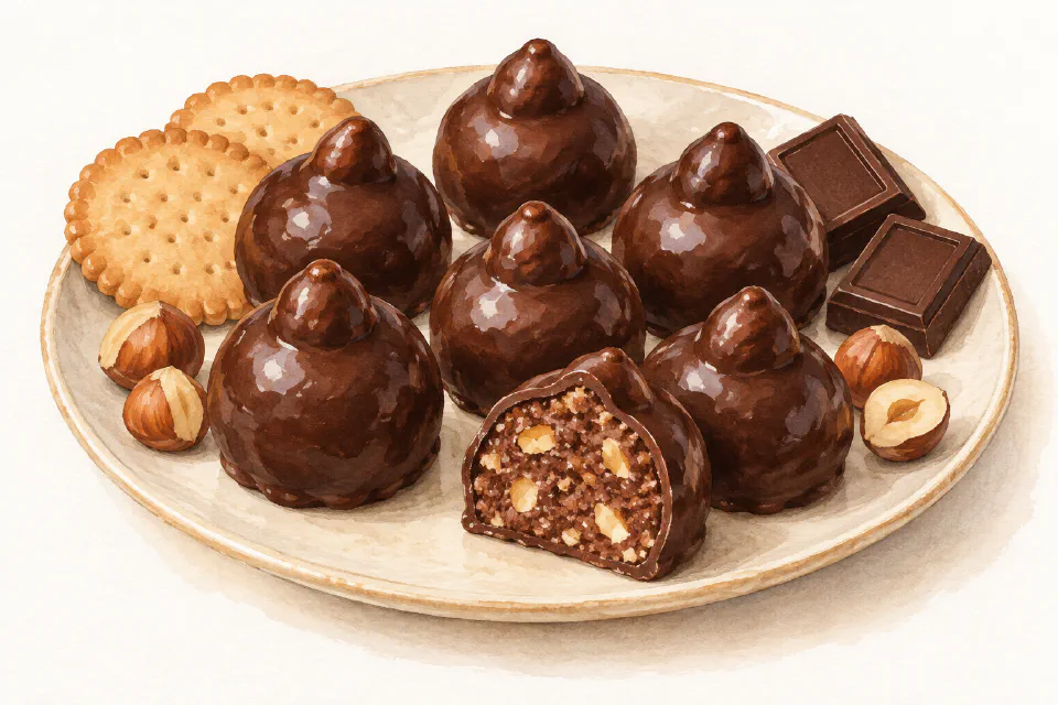 Watercolour illustration of dark chocolate-coated hazelnut baci with a cut piece showing biscuit and nut filling.