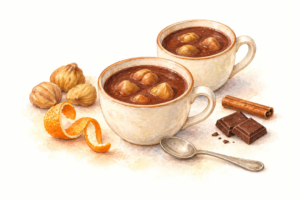 Watercolour illustration of Maltese hot chocolate with chestnuts, orange peel, cinnamon and dark chocolate.
