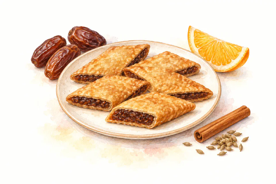 Watercolour illustration of diamond-shaped fried date pastries with orange and warm spices.