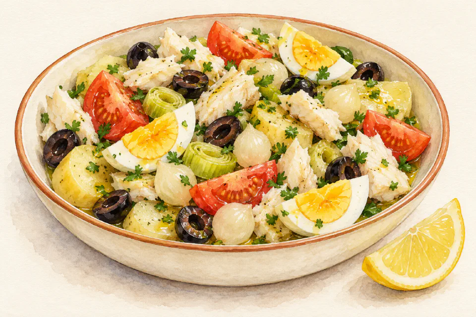 Watercolour illustration of Maltese salt-cod salad with potatoes, olives, pickled onions, tomato and hard-boiled eggs.