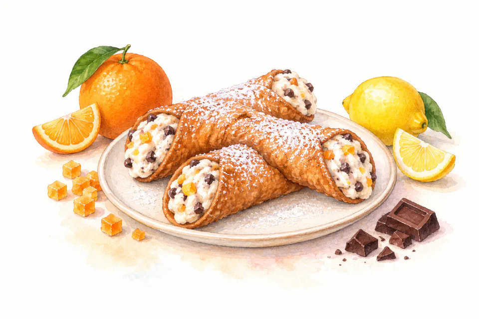 Watercolour illustration of crisp cannoli tubes filled with ricotta, chocolate and candied citrus.