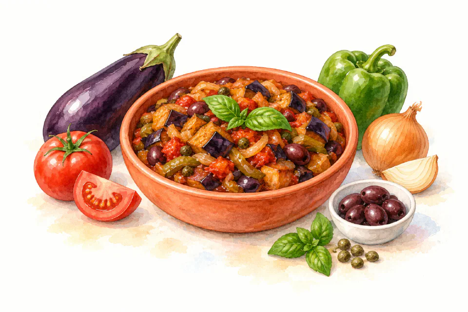 Watercolour illustration of Maltese vegetable stew with aubergine, green peppers, olives and capers.