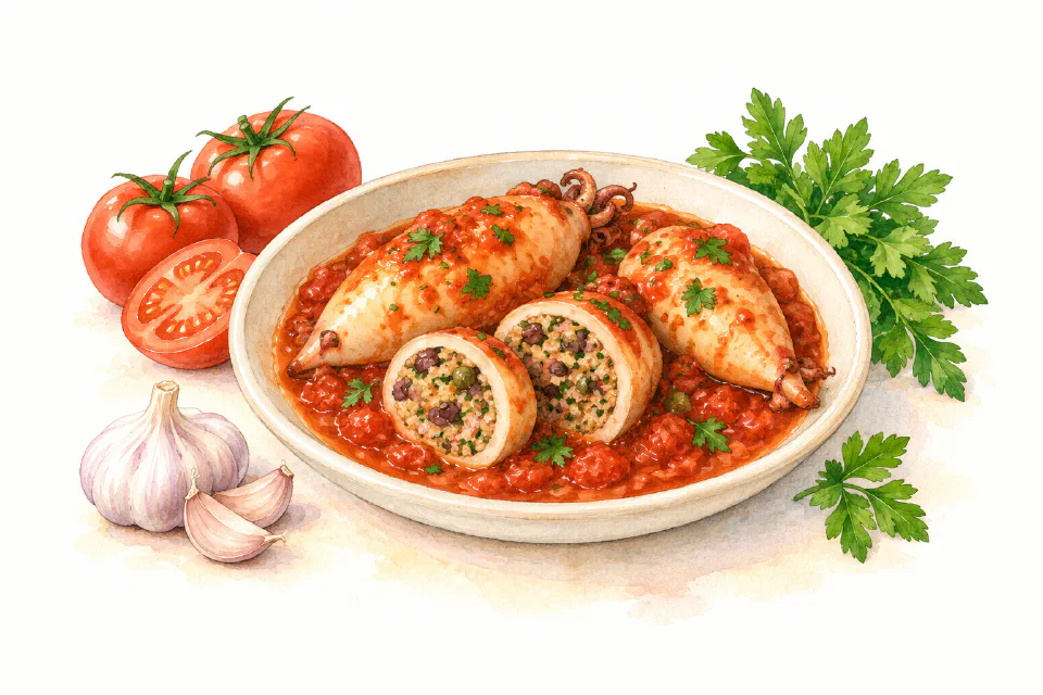 Watercolour illustration of stuffed calamari in tomato sauce with a sliced portion showing the filling.