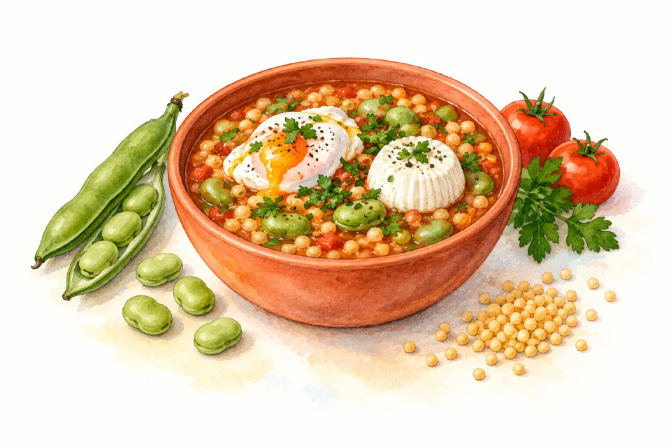 Watercolour illustration of broad bean and pasta-bead soup with a fresh cheeselet and poached egg.