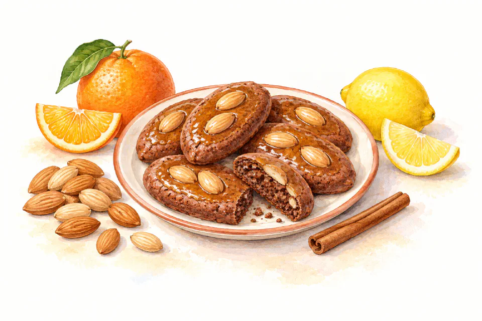 Watercolour illustration of honey-glazed Maltese Lenten almond biscuits with citrus and spices.