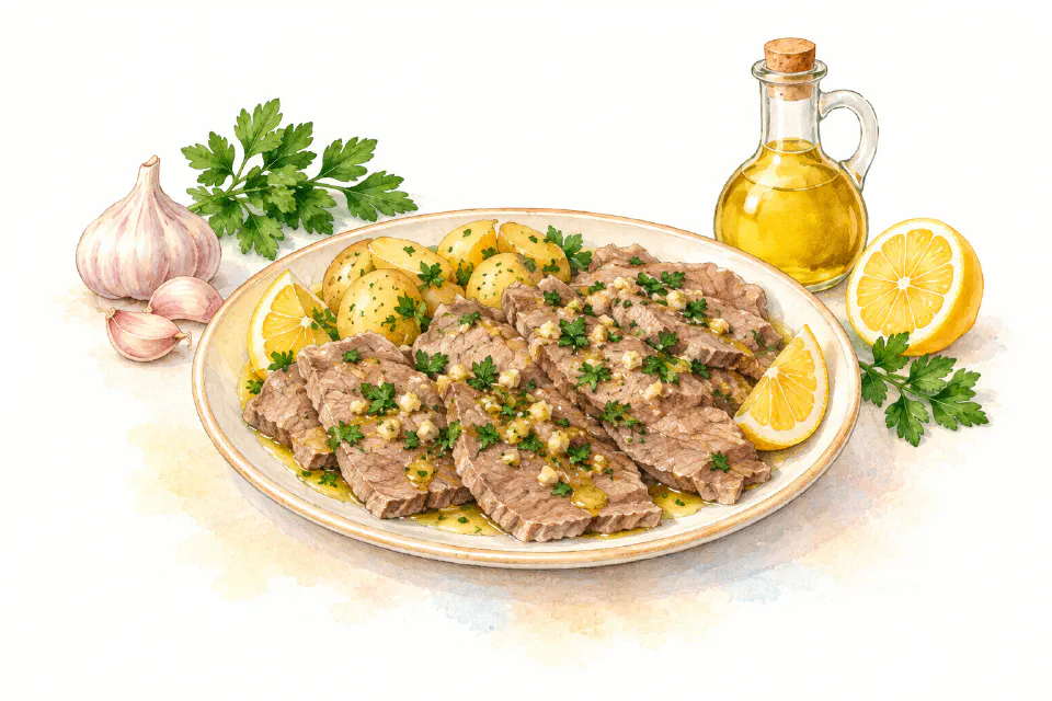 Watercolour illustration of sliced simmered beef with garlic, parsley dressing and boiled potatoes.