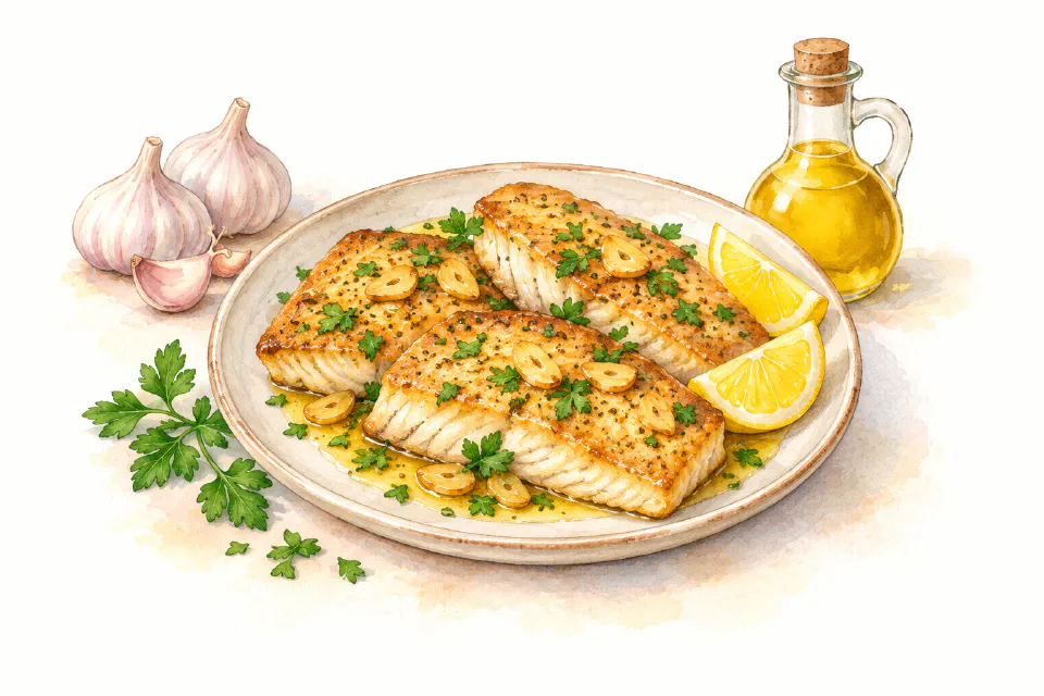 Watercolour illustration of golden fried lampuki fillets with garlic, parsley and lemon.