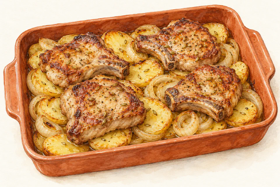 Watercolour illustration of Maltese pork chops baked over golden potato slices and onions with fennel seeds.