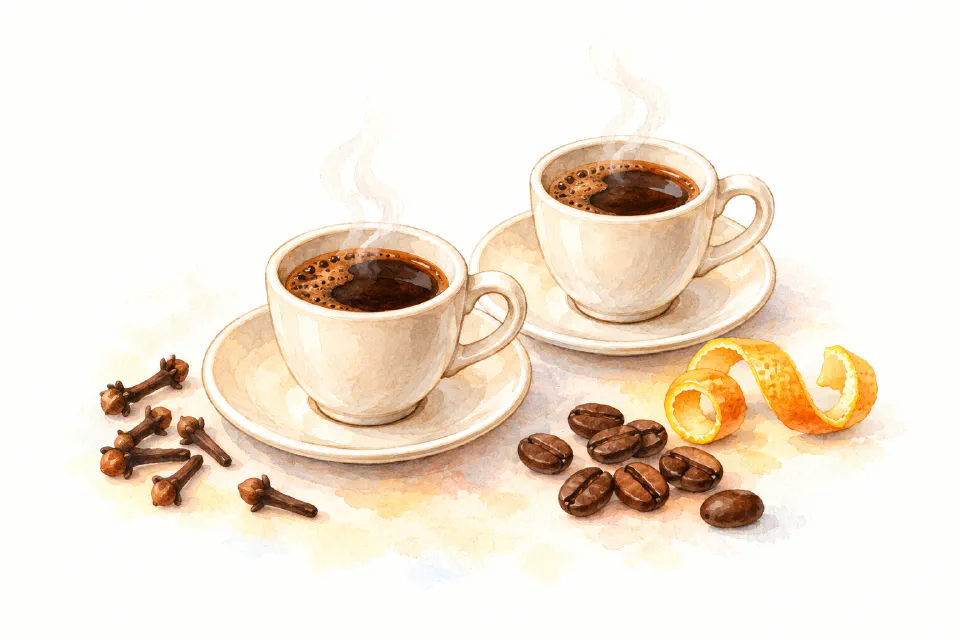 Watercolour illustration of small cups of Maltese spiced coffee with cloves and citrus peel.