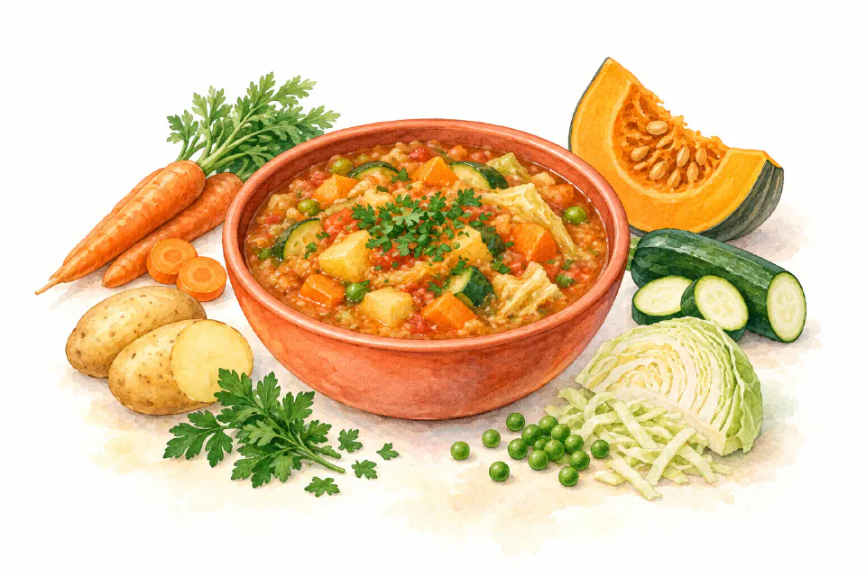 Watercolour illustration of thick Maltese vegetable soup with pumpkin, carrots, potatoes and peas.