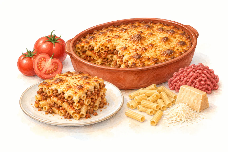 Watercolour illustration of Maltese baked macaroni with beef sauce and a golden cheese topping.