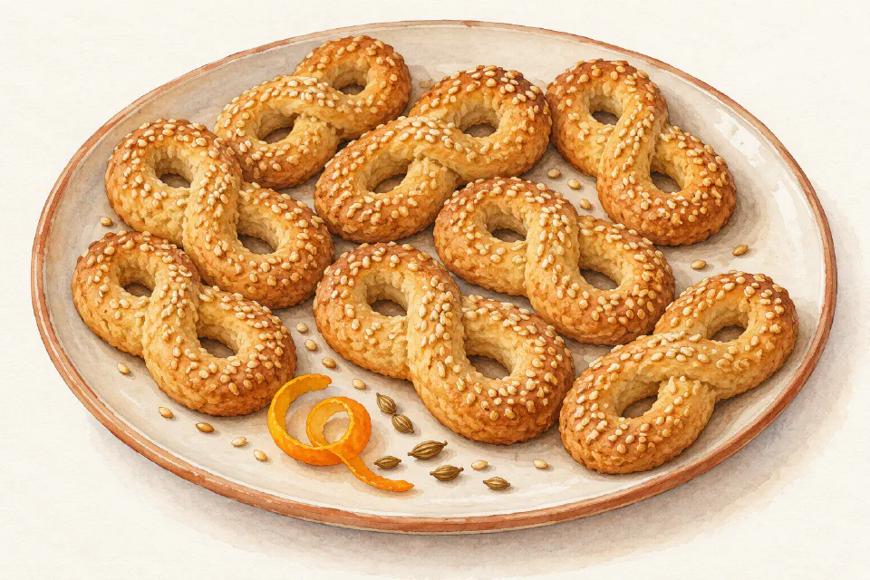 Watercolour illustration of Maltese figure-eight ottijiet biscuits coated with sesame seeds.