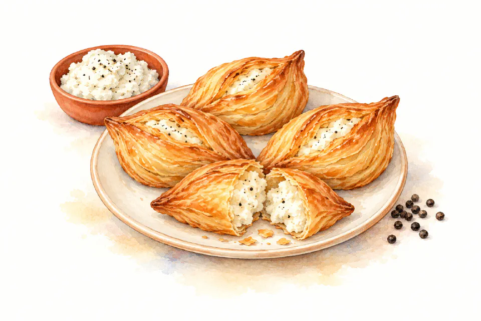 Watercolour illustration of golden boat-shaped pastizzi filled with savoury white ricotta.