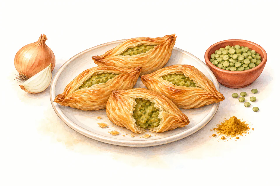 Watercolour illustration of golden boat-shaped pastizzi with spiced split-pea filling.