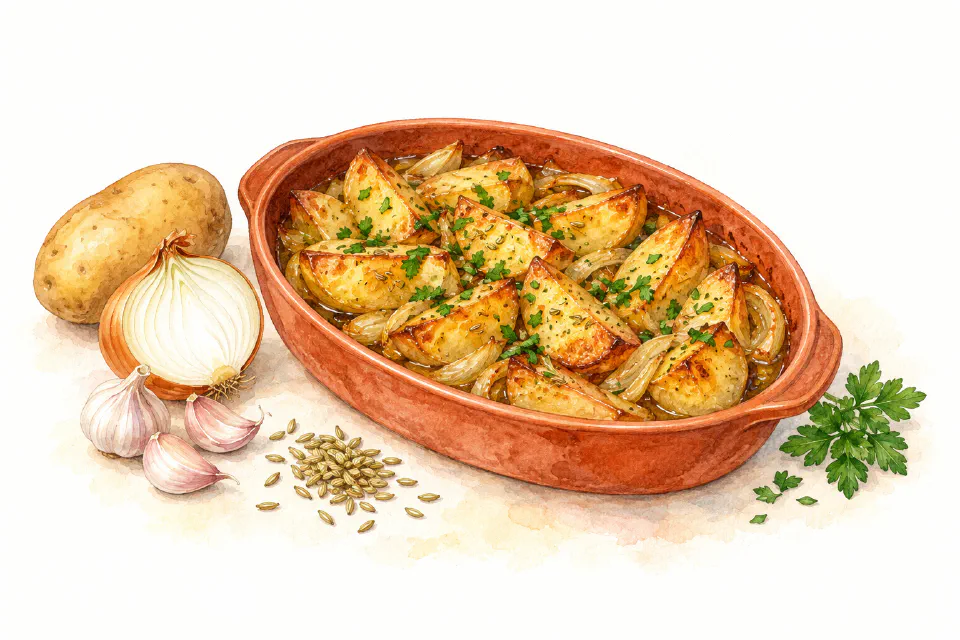 Watercolour illustration of Maltese roast potato wedges with onions, fennel seeds and parsley.